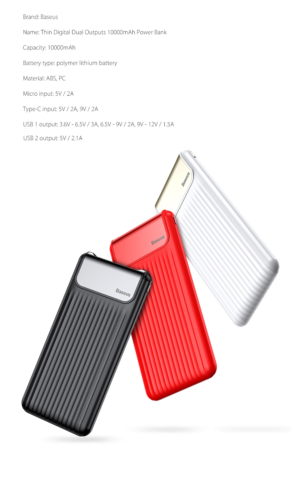 Baseus Thin Digital Display 10000mAh Power Bank QC 3.0 Dual USB Micro USB Type-C Input External Battery Charger Baseus Thin Digital Display 10000mAh Power Bank QC 3.0 Dual USB Micro USB Type-C Input External Battery Charger