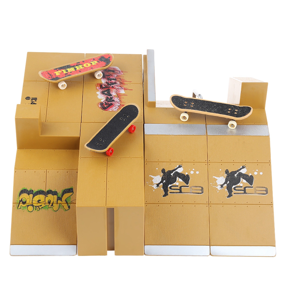 Kooshy Finger Skateboard Set Skate Park Kit Ramp Parts for Finger Skateboard Parks Training Props with 3 Fingerboards for Children