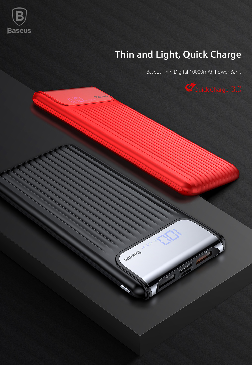 Baseus Thin Digital Display 10000mAh Power Bank QC 3.0 Dual USB Micro USB Type-C Input External Battery Charger Baseus Thin Digital Display 10000mAh Power Bank QC 3.0 Dual USB Micro USB Type-C Input External Battery Charger