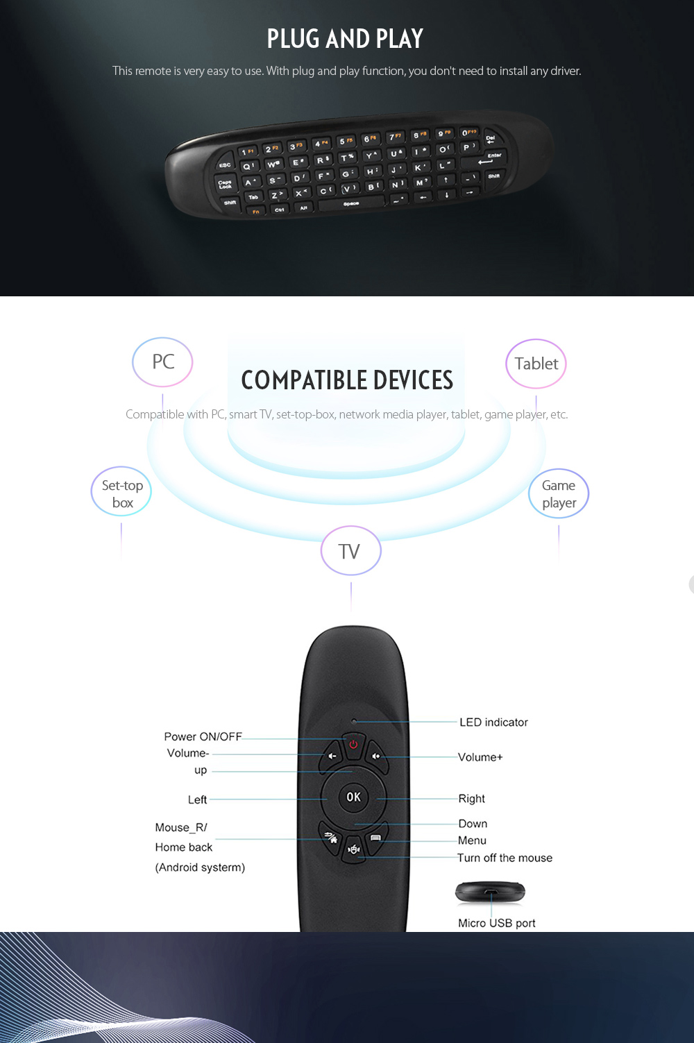 TK668 2.4GHz Wireless Air Mouse + Remote Controller + QWERTY Keyboard with LED Indicator