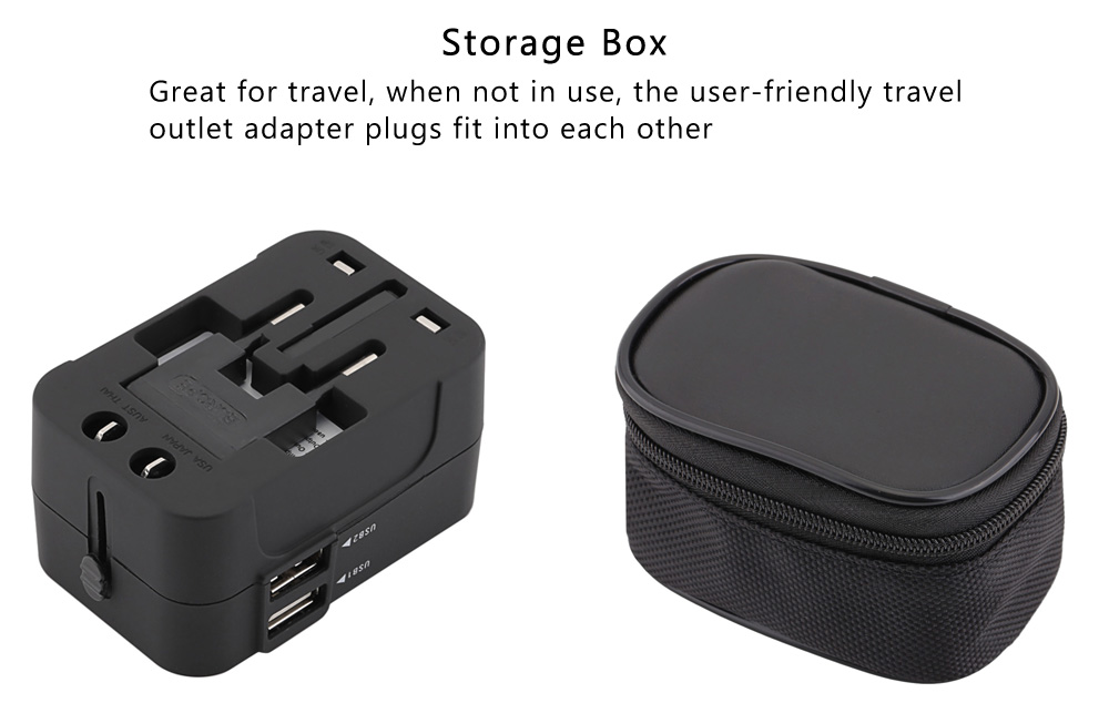 HHT202 International Power Travel Adapter Dual USB Port Drop Protection Bag