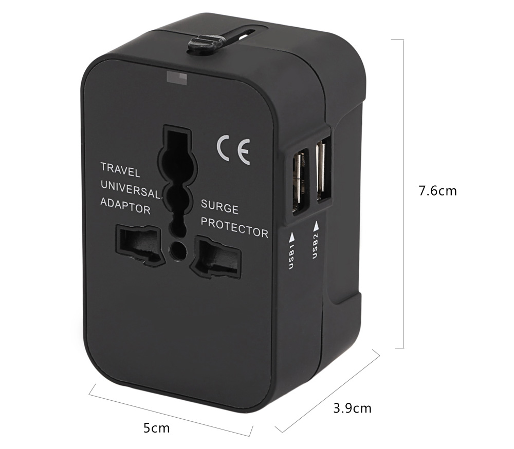 HHT202 International Power Travel Adapter Dual USB Port Drop Protection Bag