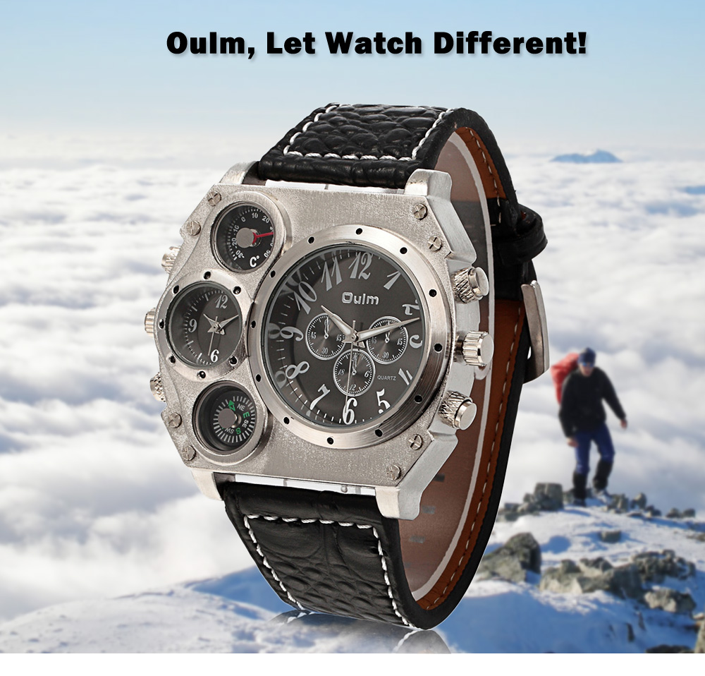 Oulm Quartz Watch with Two Time Square White Dial Black Leather Watchband for Men