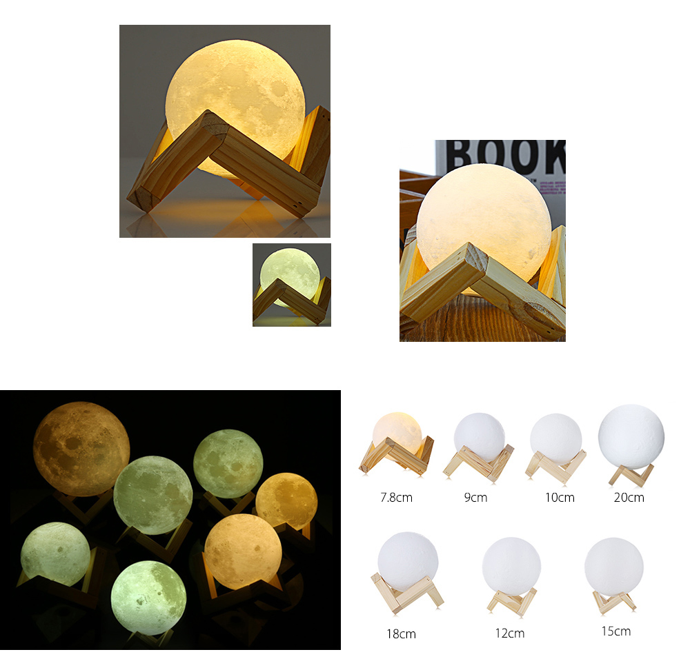 UE3D008 Rechargeable 3D Print Moon Lamp 2 Color Change Touch Switch Bedroom Bookcase Night Light Home Decor Creative Gift