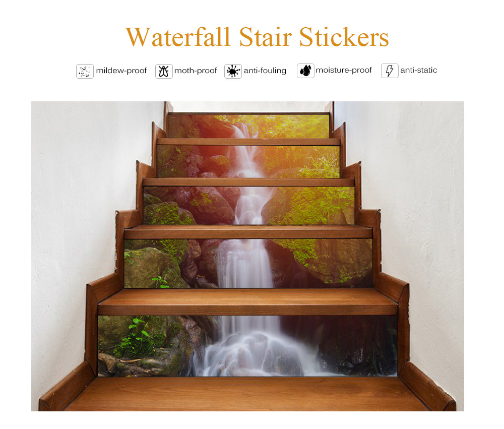3D Waterfall Stair Stickers Waterproof Wallpaper Home Decorations 7.1 x 39.4 inch 6pcs 