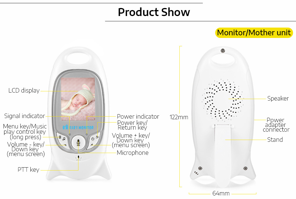 ZR601 Digital 2 inch 2.4GHz Wireless LCD Baby Video Monitor with Night Vision 