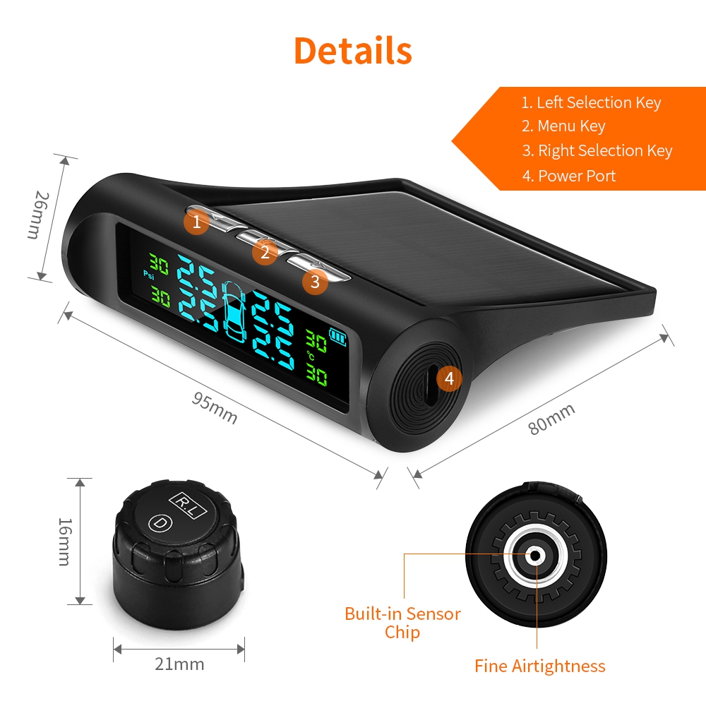TPMS Tire Pressure Monitoring System with 4 External Sensors /& USB Charging Port