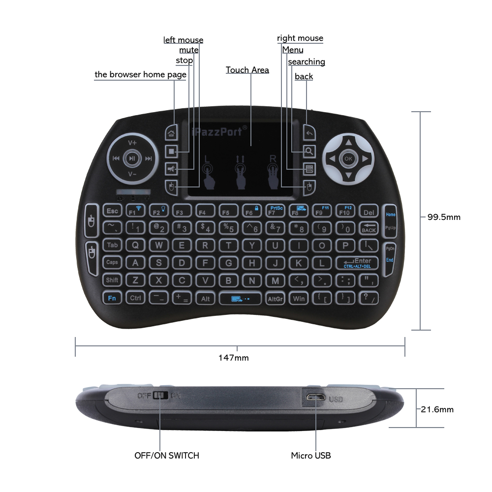 iPazzPort 3-color Backlit Wireless Mini Keyboard and Mouse Touchpad for Raspberry Pi 3 Windows/Android/Google/Smart TV