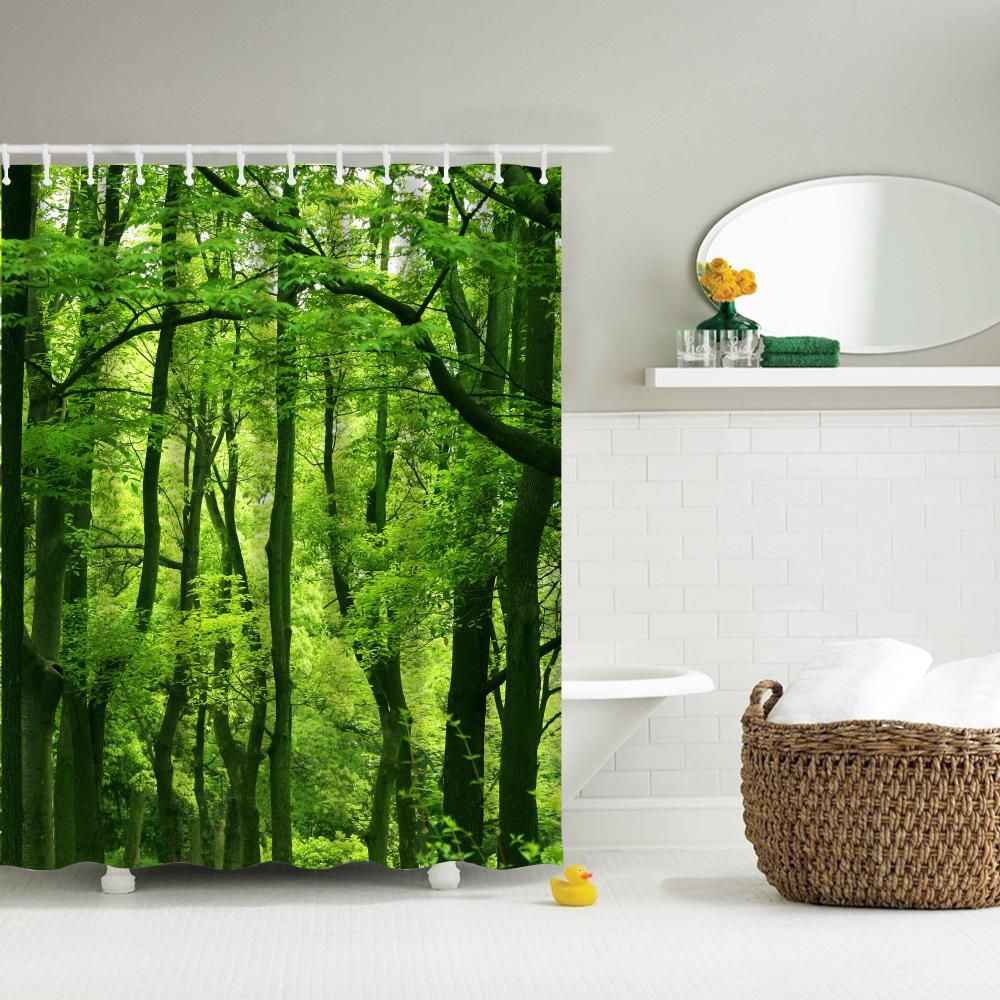 Green Forest Water-Proof Polyester 3D Printing Bathroom Shower Curtain