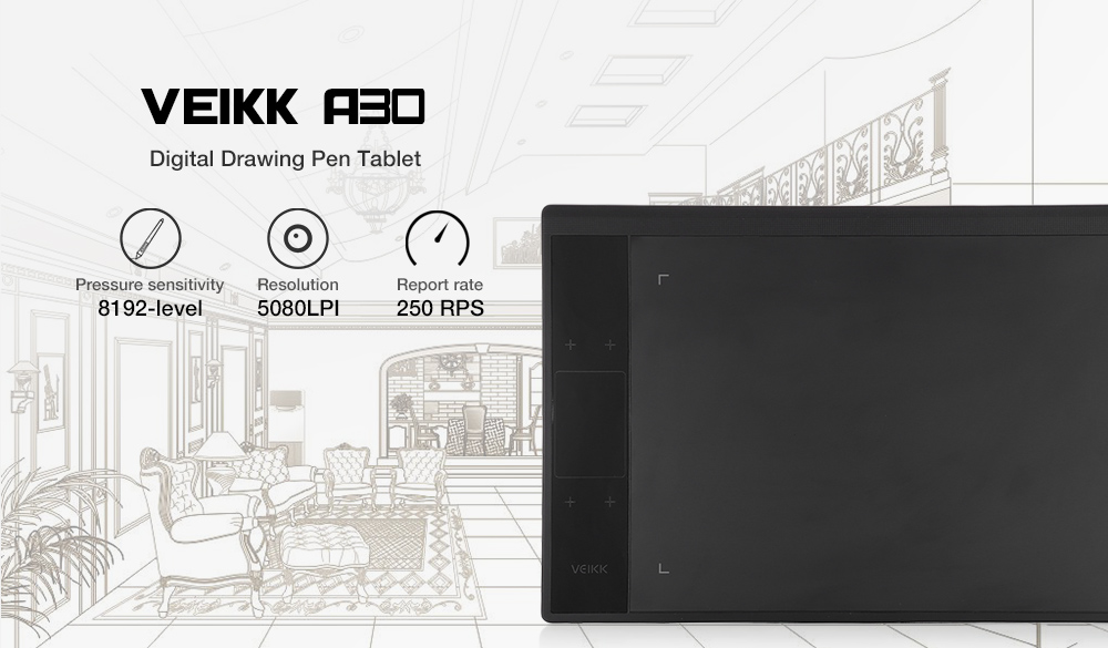 VEIKK A30 10 x 6 inch Digital Drawing Tablet with 8192 Levels Passive Pen 