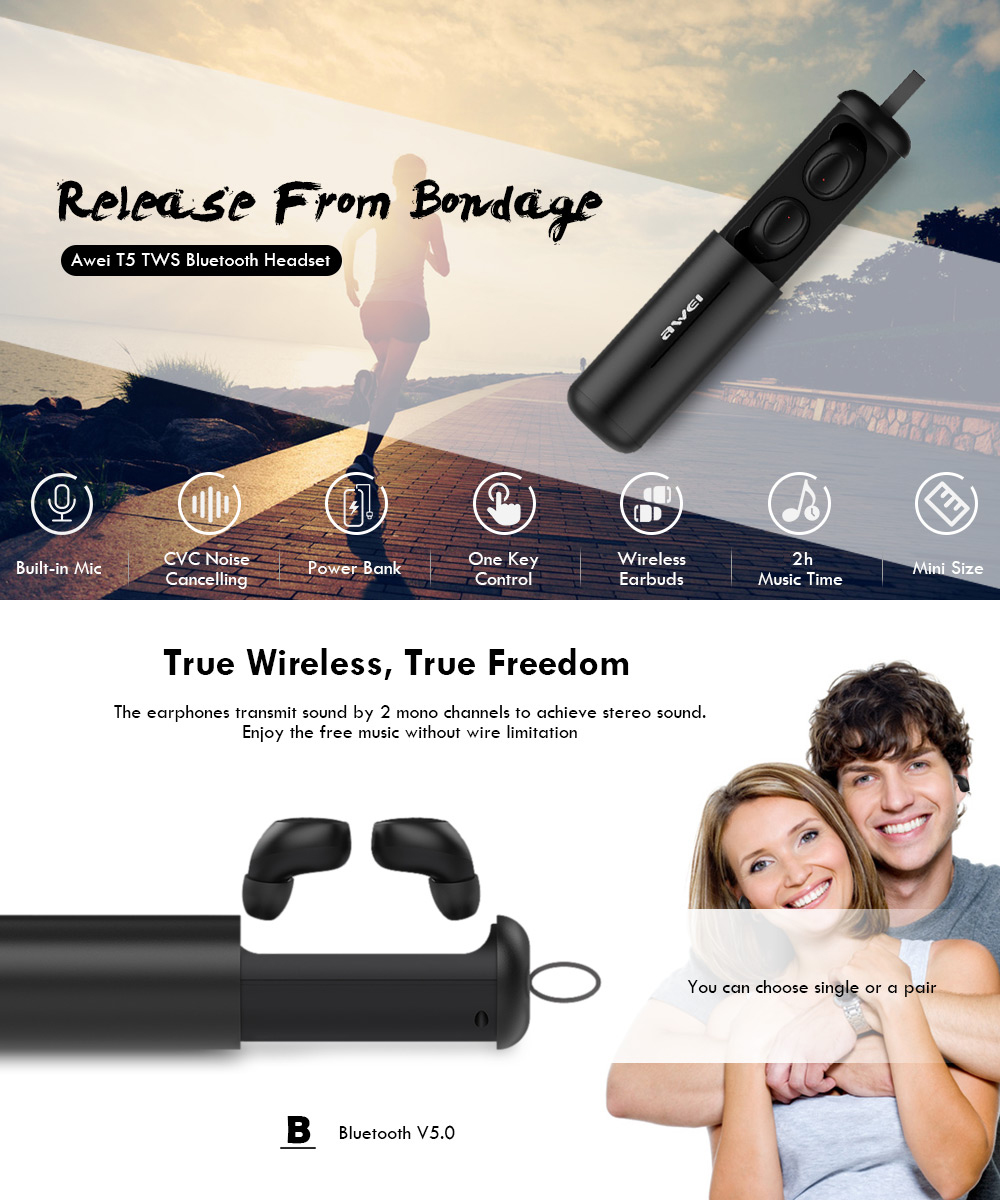 Awei T5 TWS Twins True Wireless Bluetooth V5.0 Earbuds with Charging Base