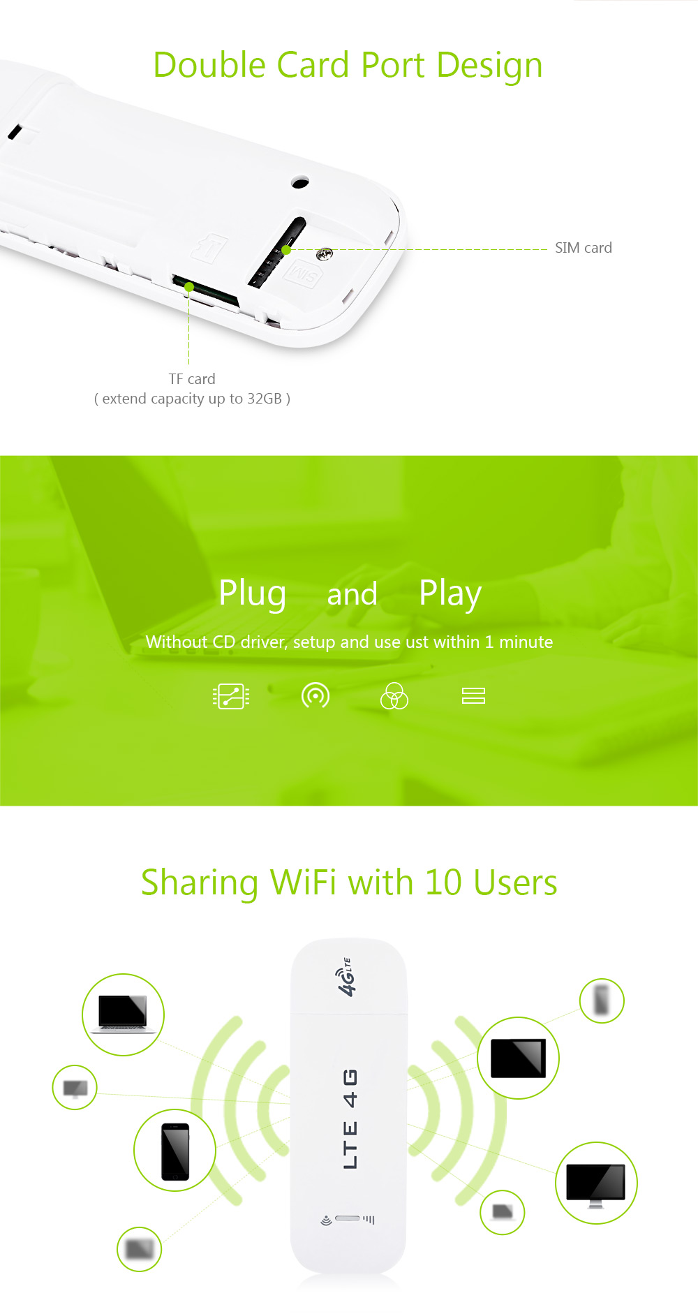 3g 4g Wifi Wireless Router LTE 100M SIM Card USB Dongle Modem