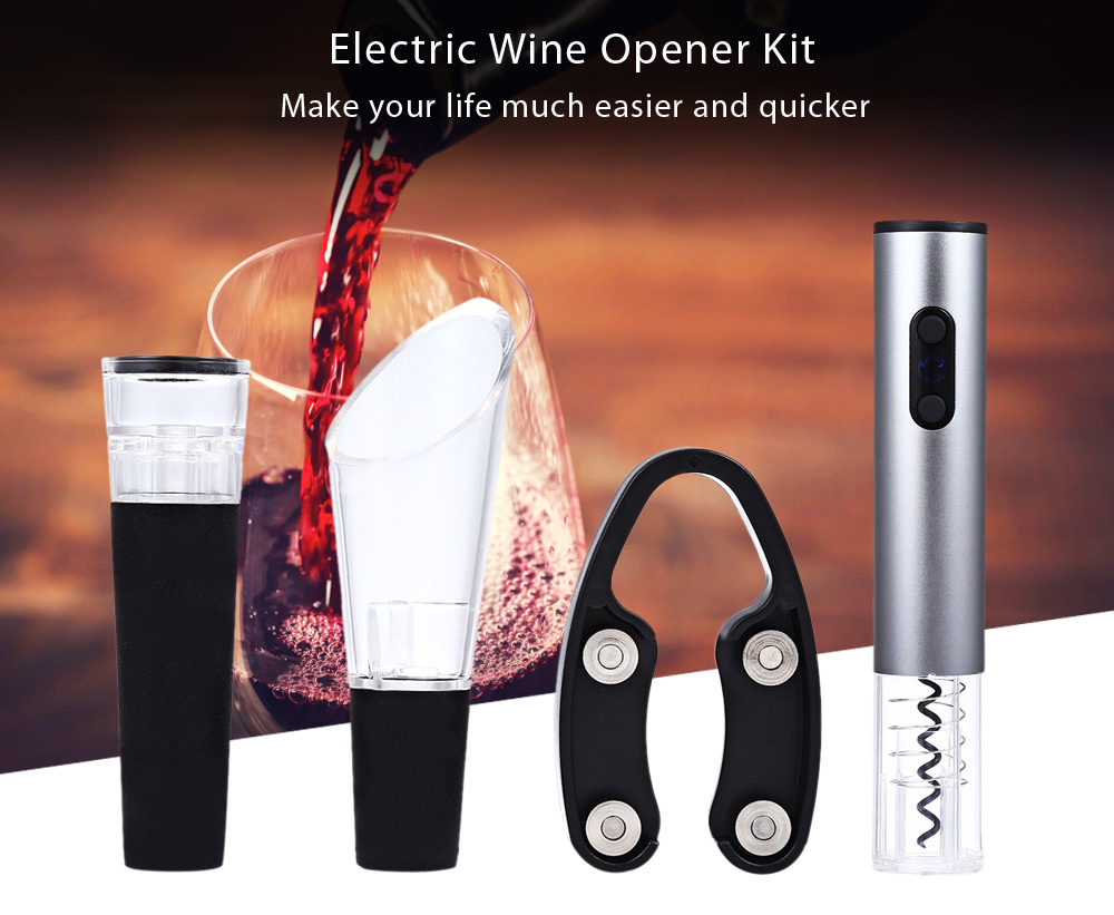 4pcs Electric Wine Opener Cordless Corkscrew with Removable Foil Cutter Vacuum Stopper Pourer