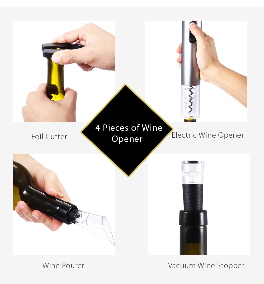 4pcs Electric Wine Opener Cordless Corkscrew with Removable Foil Cutter Vacuum Stopper Pourer