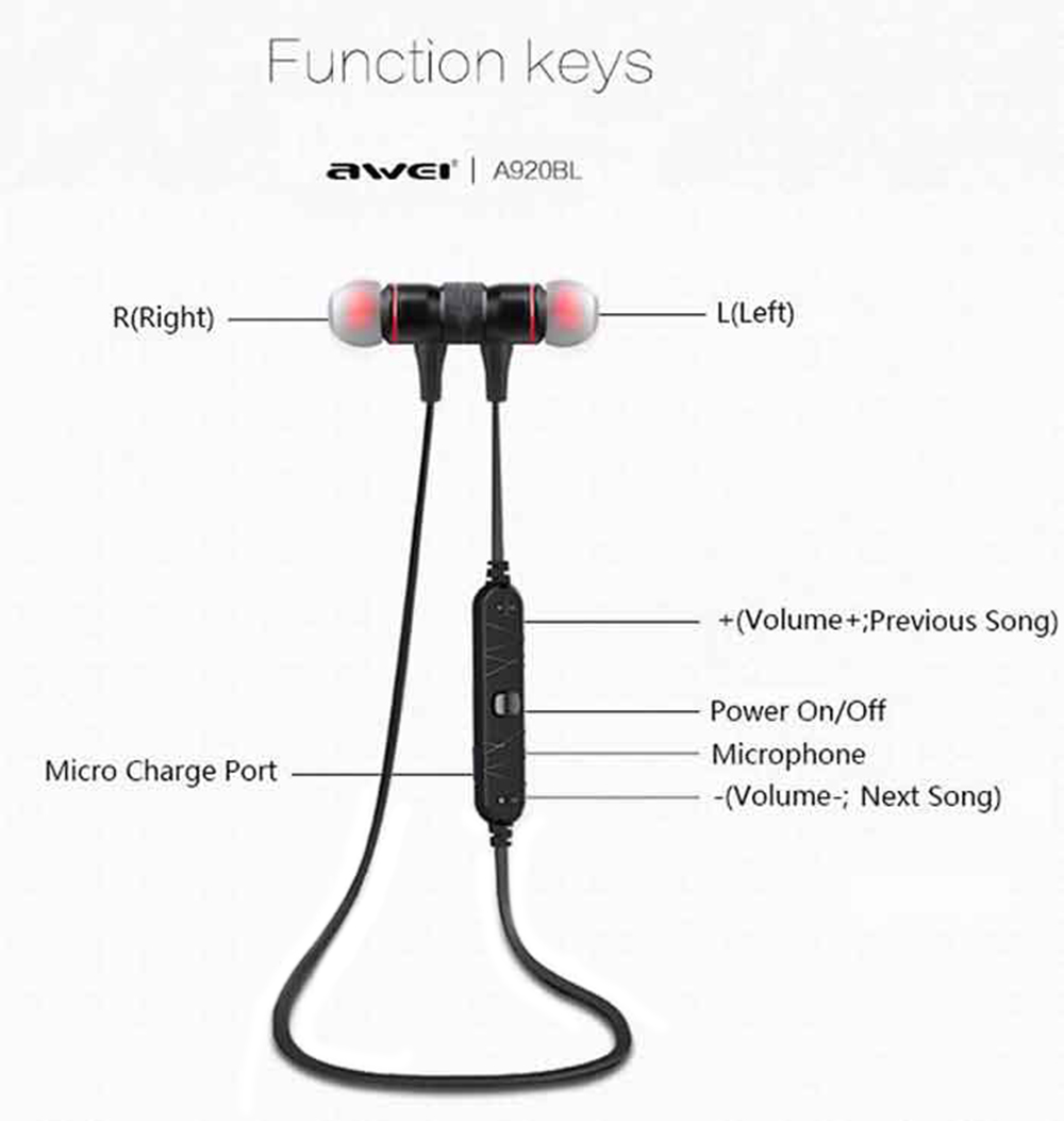 Awei A920BL Smart Wireless Bluetooth V4.1 Sports Stereo Earphone Noise Reduction with Mic