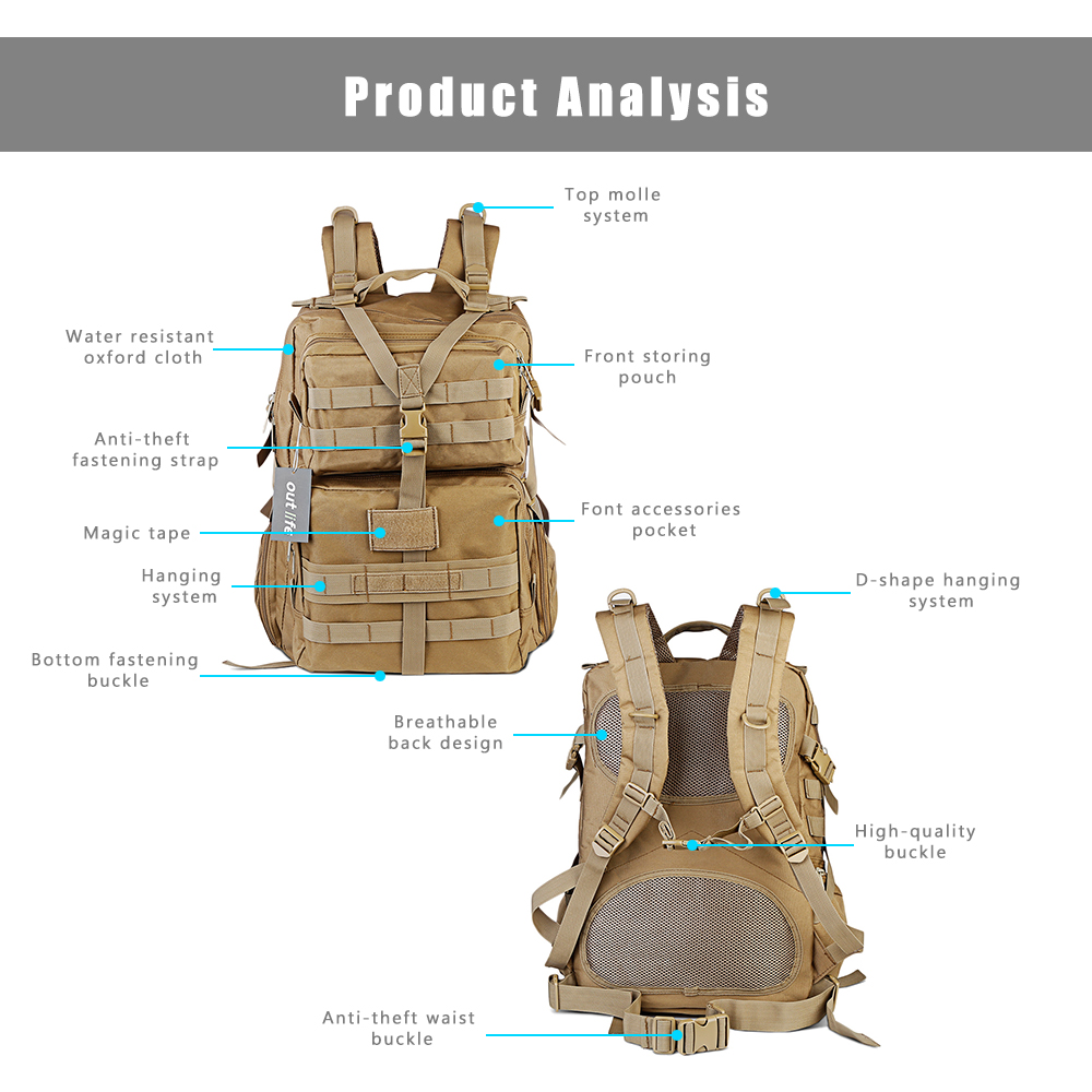 Outlife 068 45L Water Resistant Large Capacity Tactical Molle Backpack for Hiking Camping Trekking 