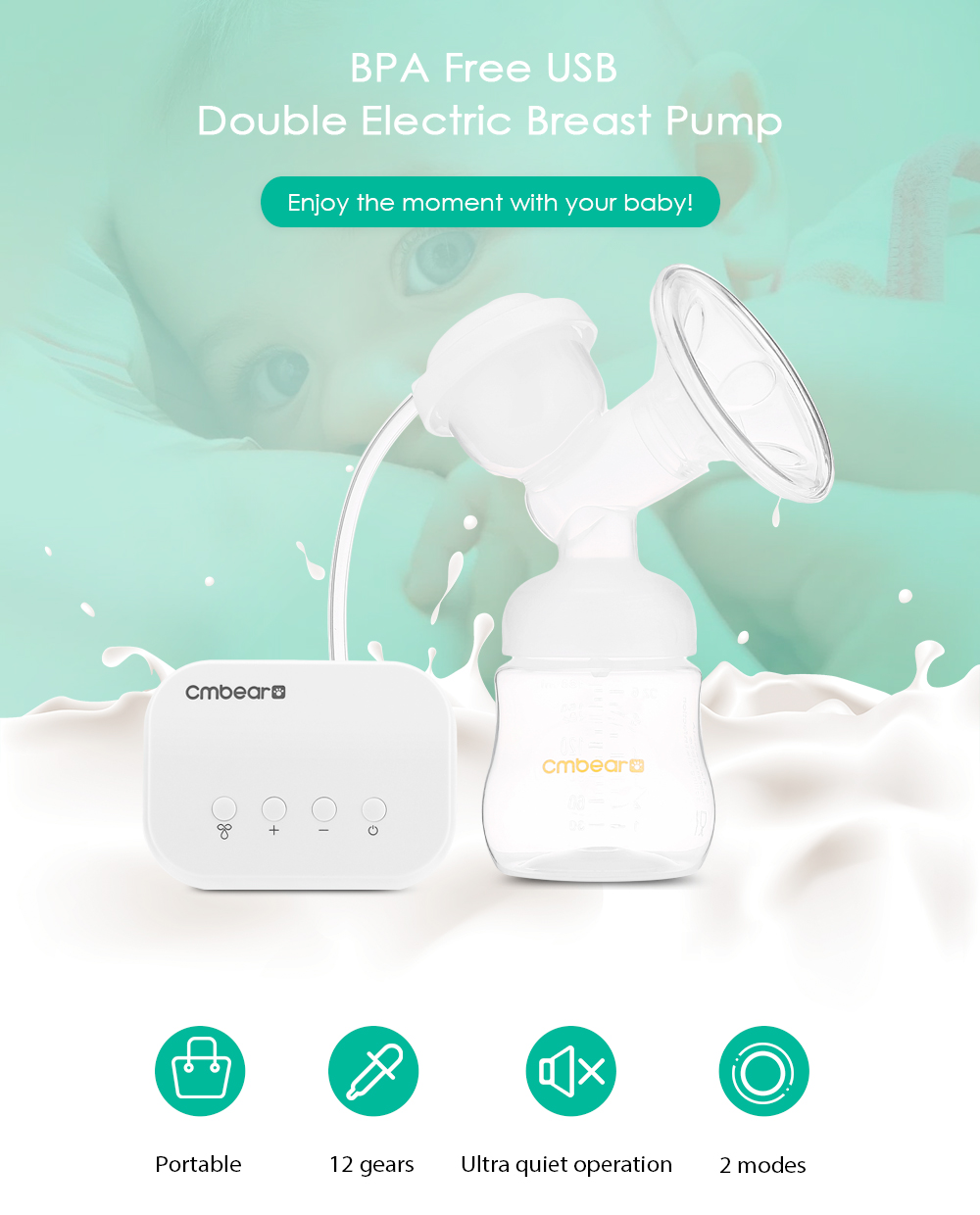 Cmbear ZRX - 0821 Double Electric Breast Pump USB BPA Free with Milk Bottle Baby Breastfeeding