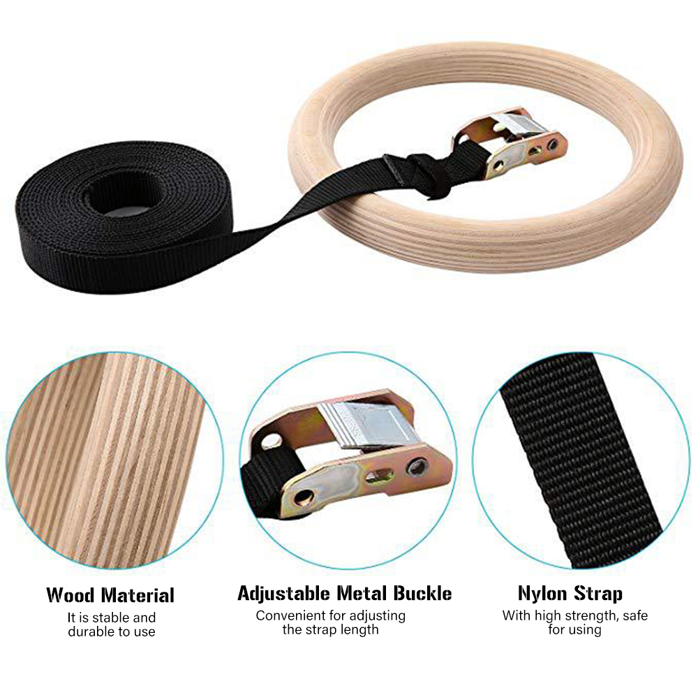 Portable Wooden Gymnastics Rings with Straps Buckles