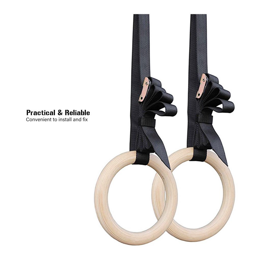 Portable Wooden Gymnastics Rings with Straps Buckles