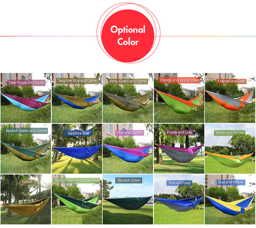 2 Person Hammock Assorted Color Portable Parachute Nylon Fabric for Indoor Outdoor Use