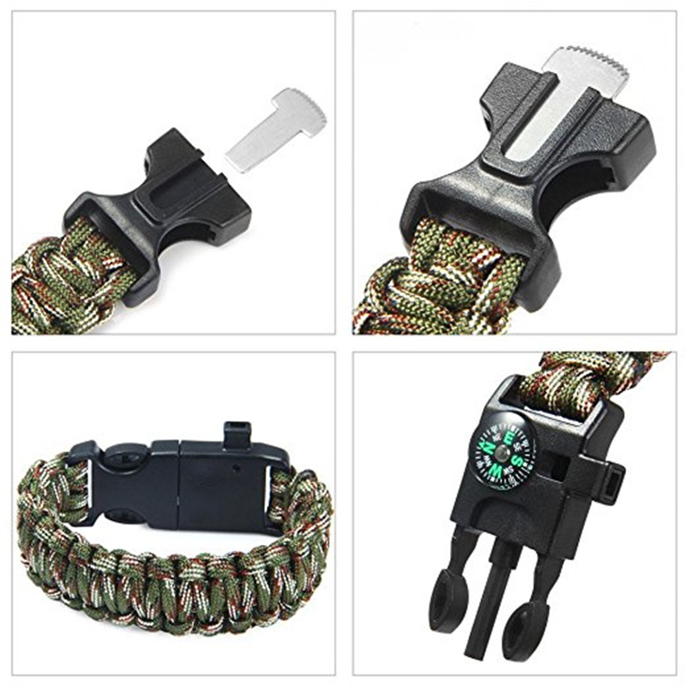 5 In 1 Outdoor Survival Gear Escape Bracelet Flint Whistle Compass Scraper