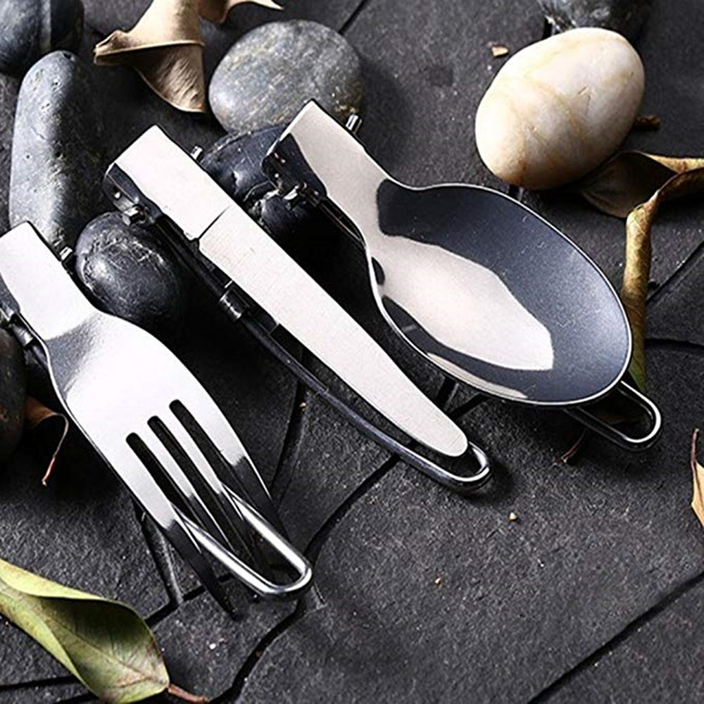 Portable Outdoor Camping Survival Set Picnic Stainless Steel Folding Tableware