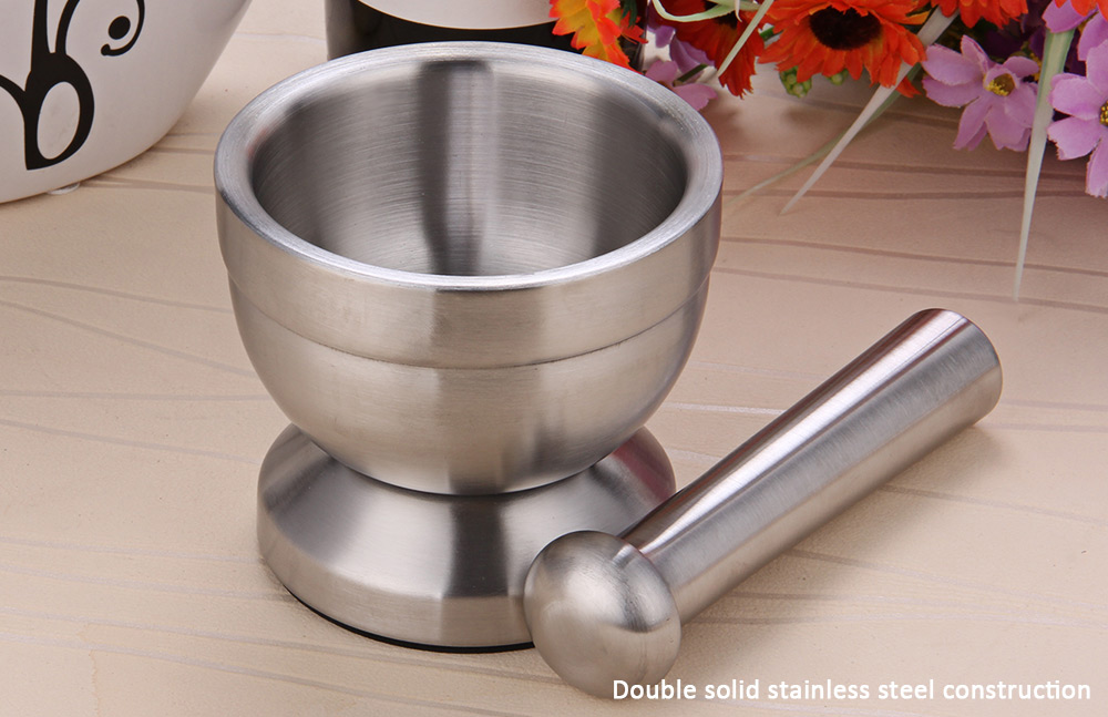 Double Stainless Steel Mortar and Pestle Pedestal Bowl Garlic Press Pot Herb Mills Mincers