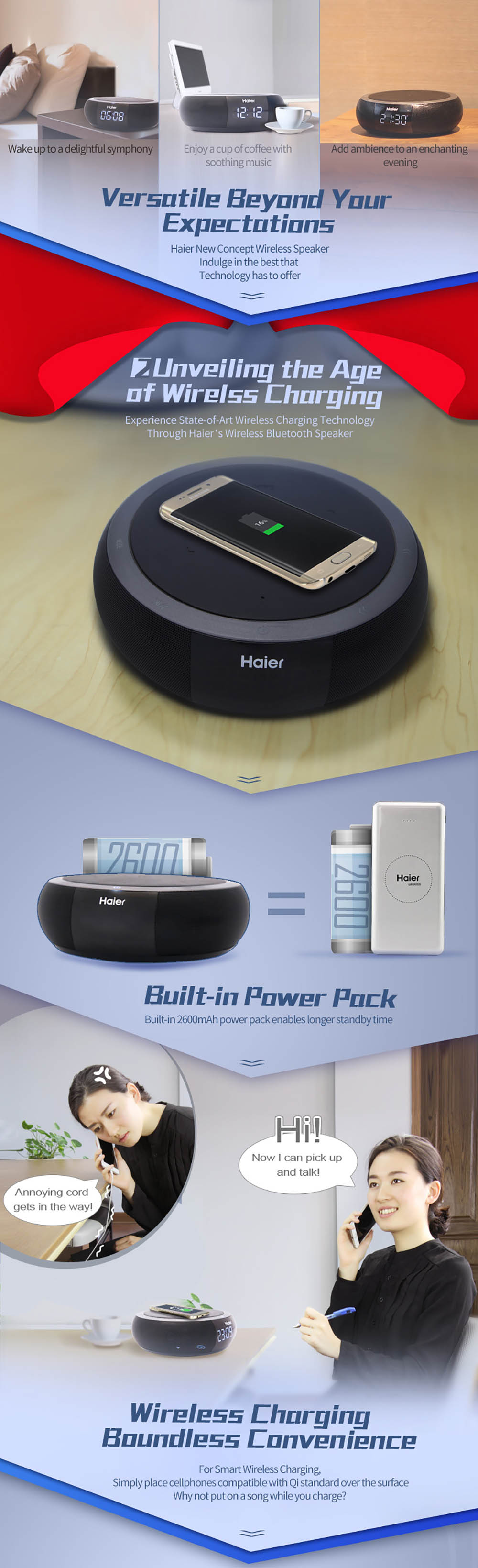 Haier Bluetooth 4.0 Speaker Qi Wireless Charging Pad HiFi Stereo Support NFC APP Control
