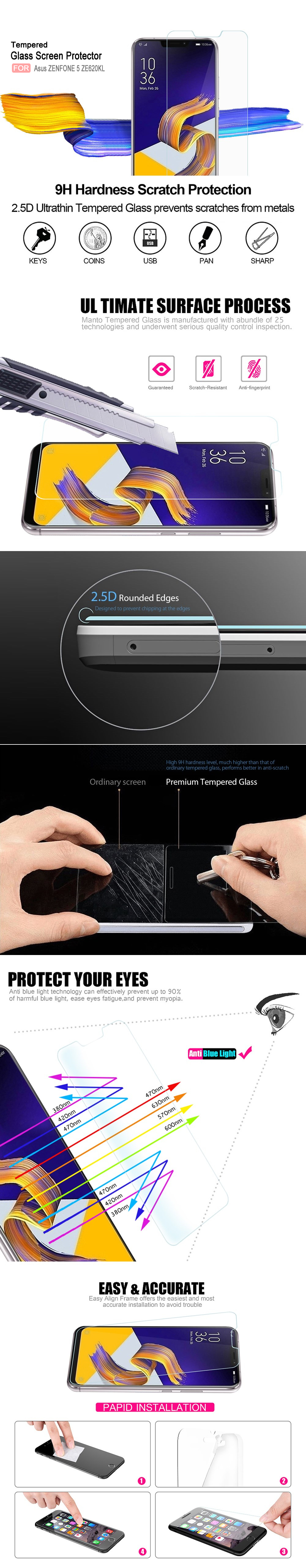gocomma Tempered Glass Screen Protector Film for Asus ZENFONE 5 ZE620KL /ZENFONE 5