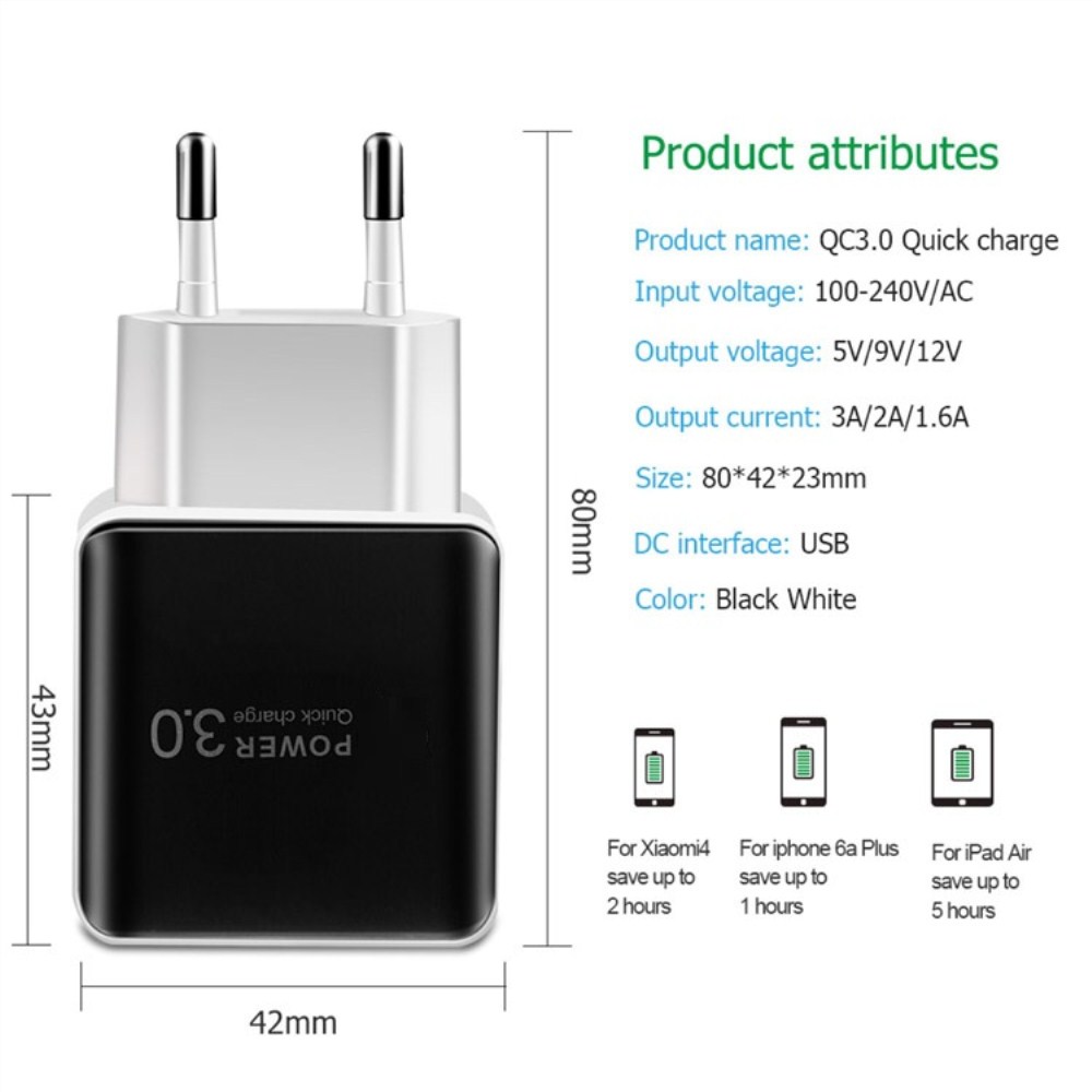 Qc 3.0 Wall Fast Charger Power Adapter for Xiaomi / Huawei / Samsung