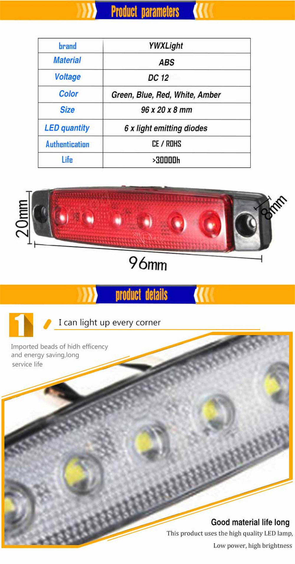 YWXLight 6 LED Car Truck Bus Lorry Trailer Side Marker Indicators Light DC 12V