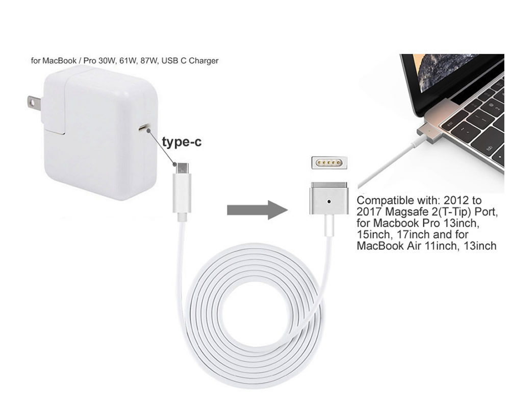 USB-C to Magsate 2 T-Tip Power Adapter Cable for Macbook Pro / MacBook Air