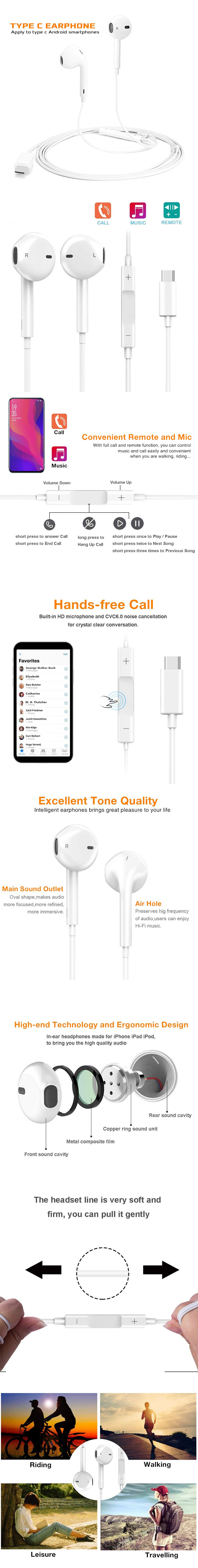 Type-C Earphones With Microphone for Huawei Mate 20 / P20 Pro / Mate 10 Pro