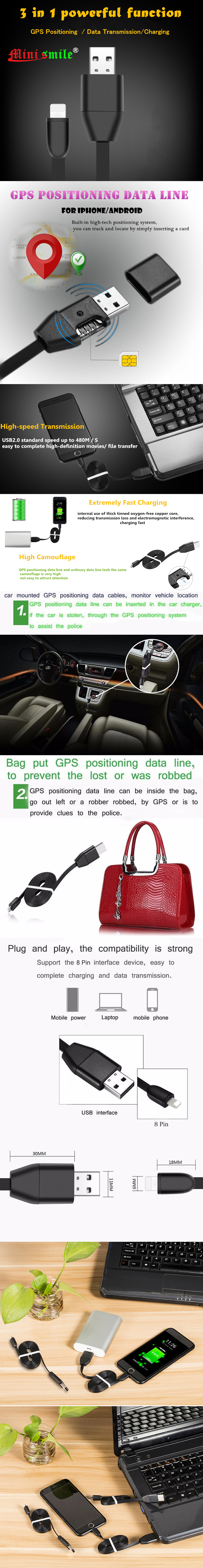 Minismile 8 Pin USB Cable with GPS Tracker Car Vehicle Charger GSM/GPRS Tracking
