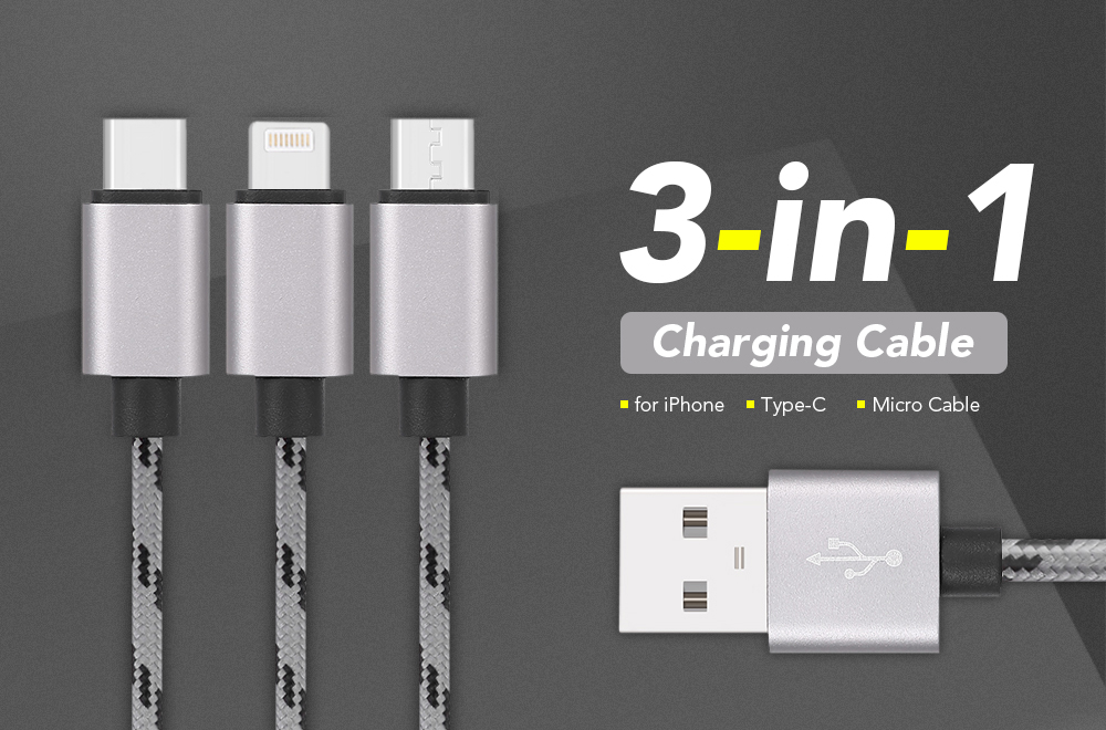 Rapid Series 2.4A 3 in 1 Type-C + 8 Pin + Micro USB Cable