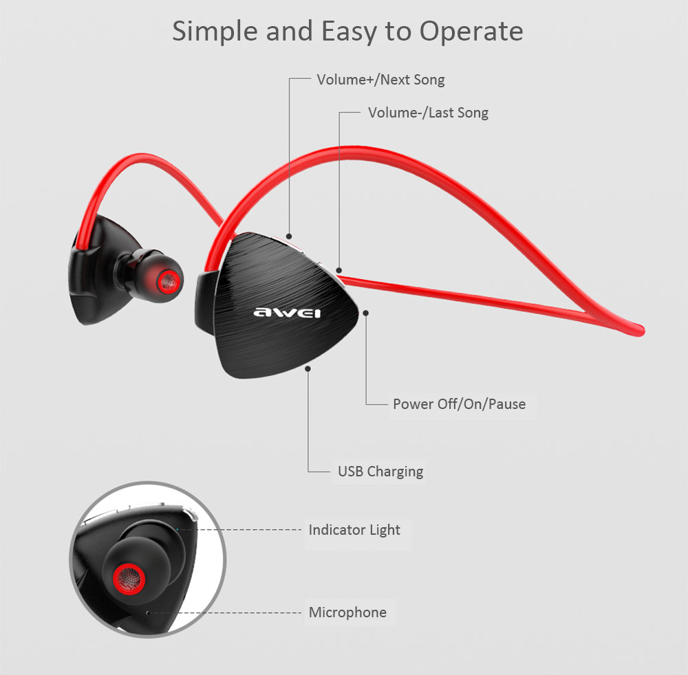 Awei A847BL Wireless Sweatproof Earphone Ear Hooks Style Bluetooth Sports Earbuds